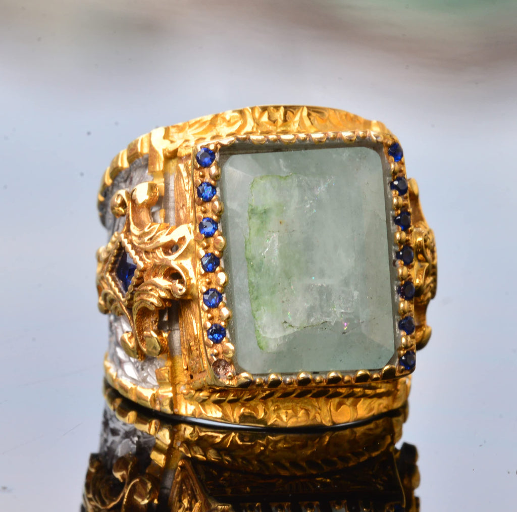 Natural Aquamarine Stone Handmade Ring, Gold Plated Silver Men's Ring - Symbol of Serenity and Courage — 5