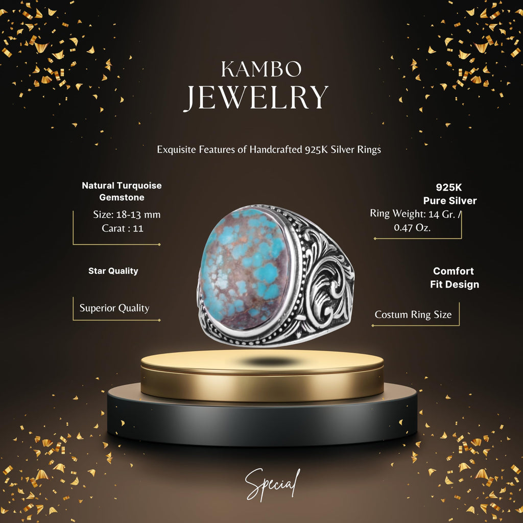 KAMBO Natural Turquoise Stone Men's Ring 925 Sterling Silver Oval Cabochon Ottoman Sliding Pattern Handmade Vintage Style Ring (Turquoise-1) — 2