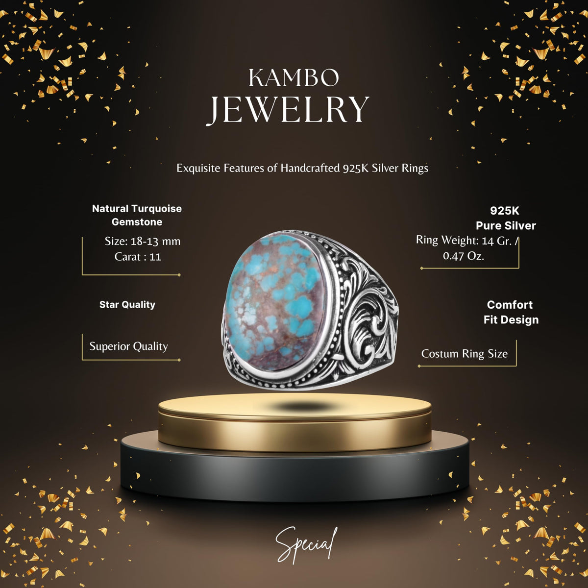 KAMBO Natural Turquoise Stone Men's Ring 925 Sterling Silver Oval Cabochon Ottoman Sliding Pattern Handmade Vintage Style Ring (Turquoise-1) — 2