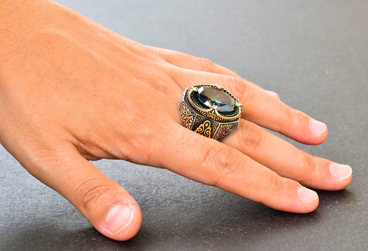 Handmade Silver Men's Ring - Synthetic Mystic Topaz Stone — 6