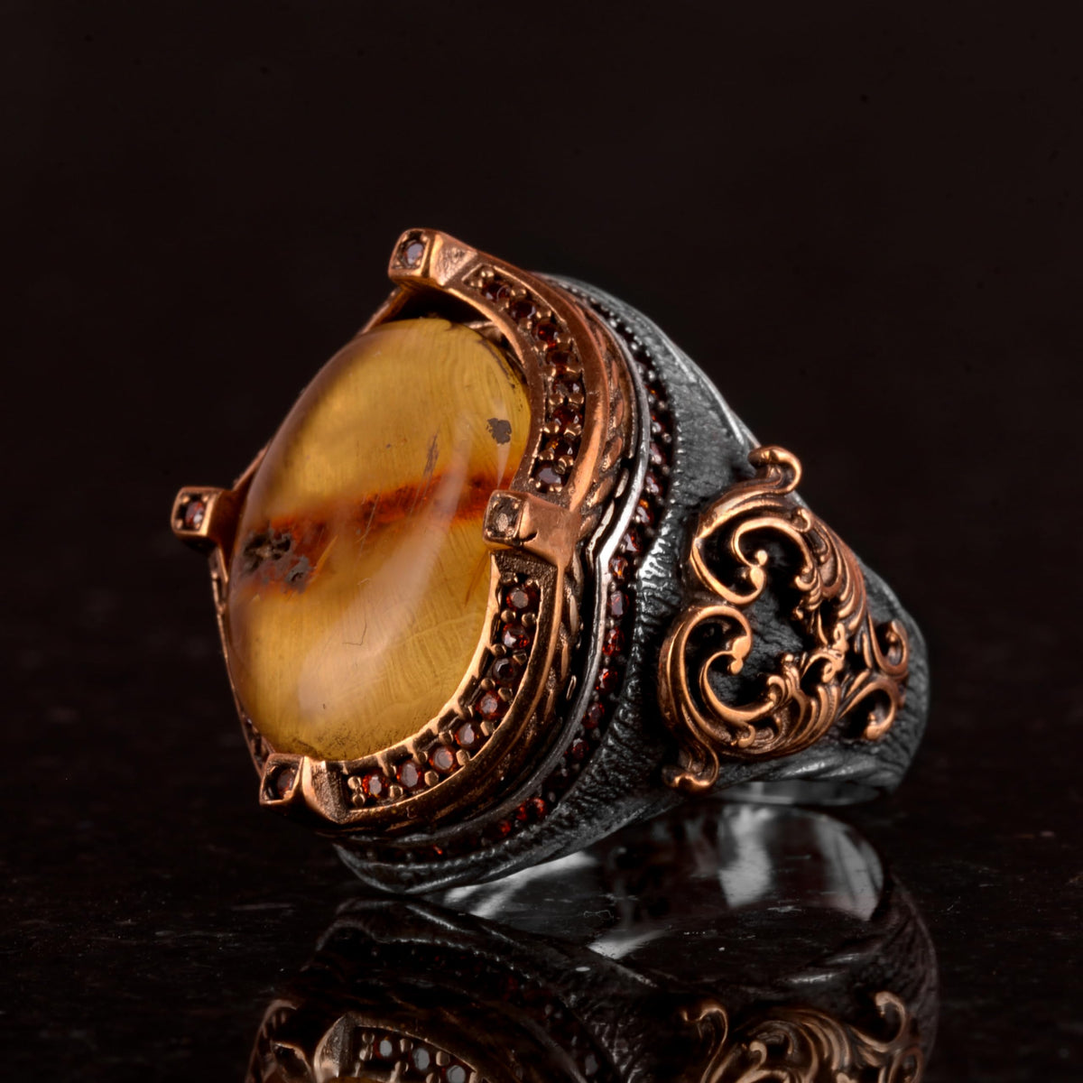 925 Sterling Silver Men's Ring, Amber Stone Ring — 5