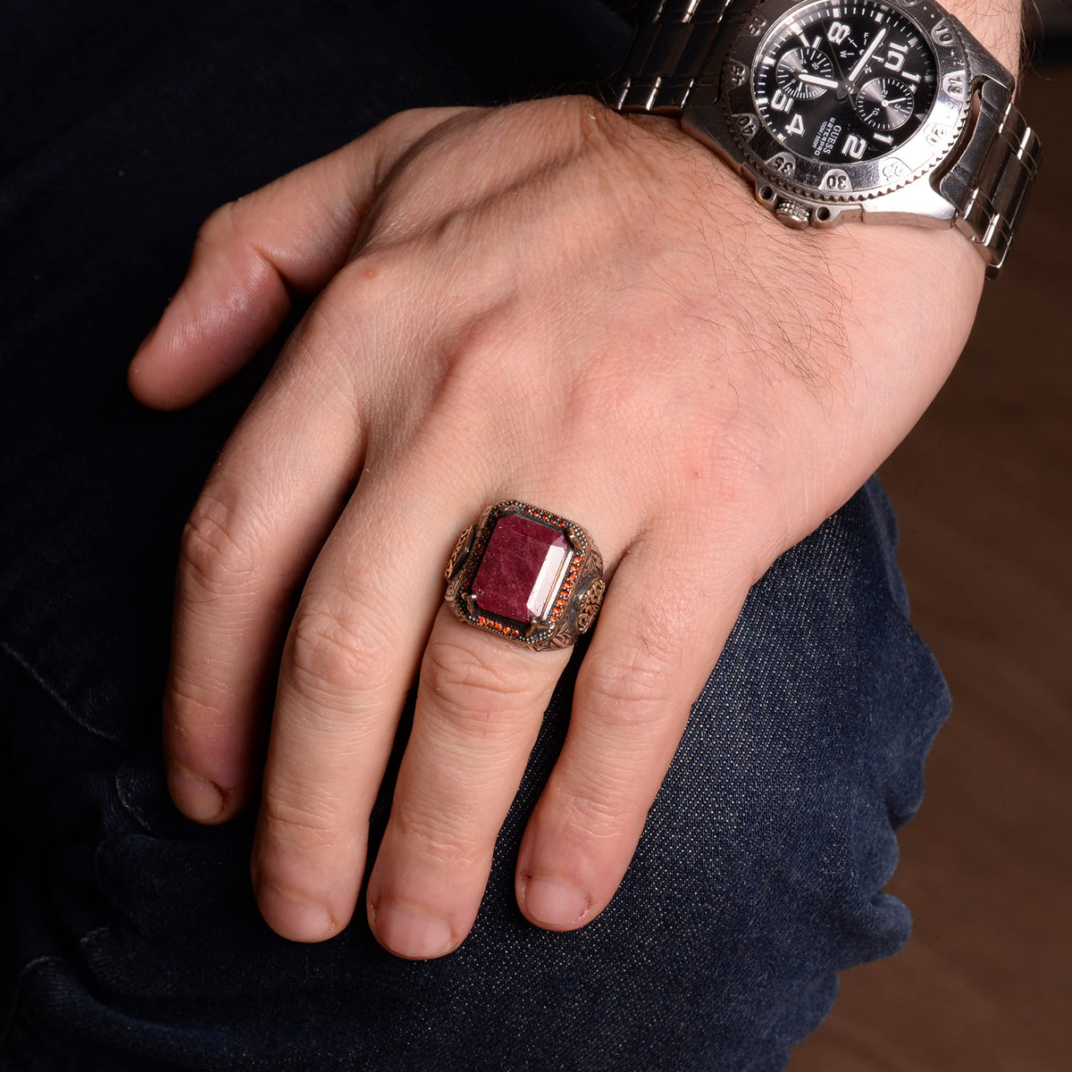Natural Ruby Stone Men's Ring, Handmade King Ring, 925 Sterling Silver — 6
