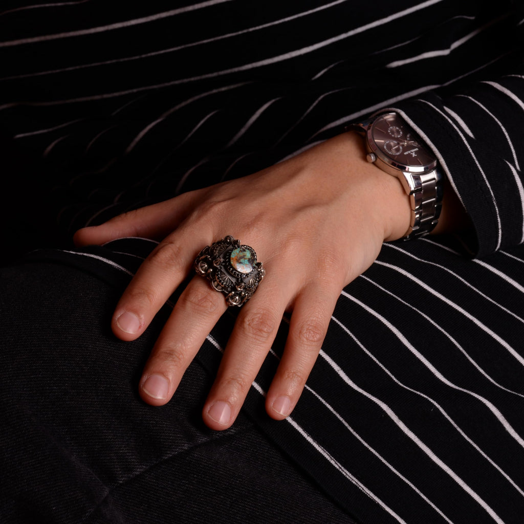 925 Sterling Silver 3D Mosque Ring with Natural Arizona Turquoise Stone — 3