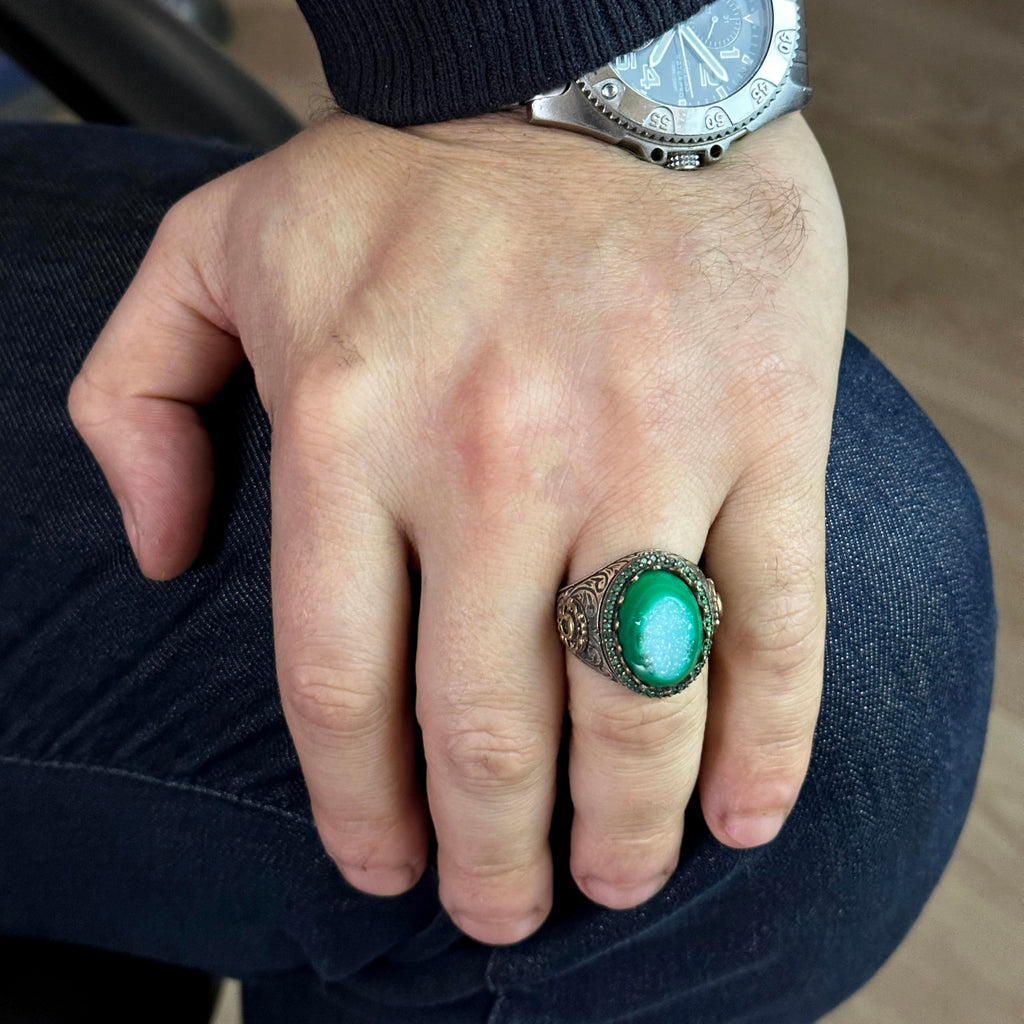 Natural Drusy Crystal Quartz Stone Men's Ring - 925 Sterling Silver — 3