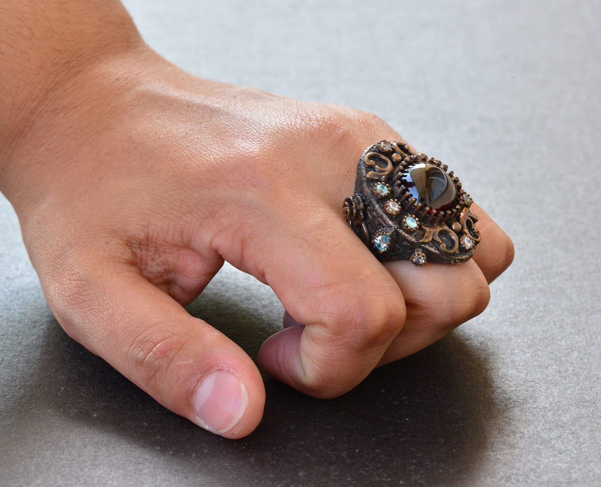 Natural Garnet Stone Antique Ring - 925 Sterling Silver Unisex Ring — 6