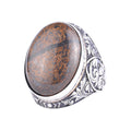 KAMBO Natural Bronzit Stone Large Men's Ring - Bronzit Stone Ring - Ottoman Floral Engraved 925 Sterling Silver Handmade Ring