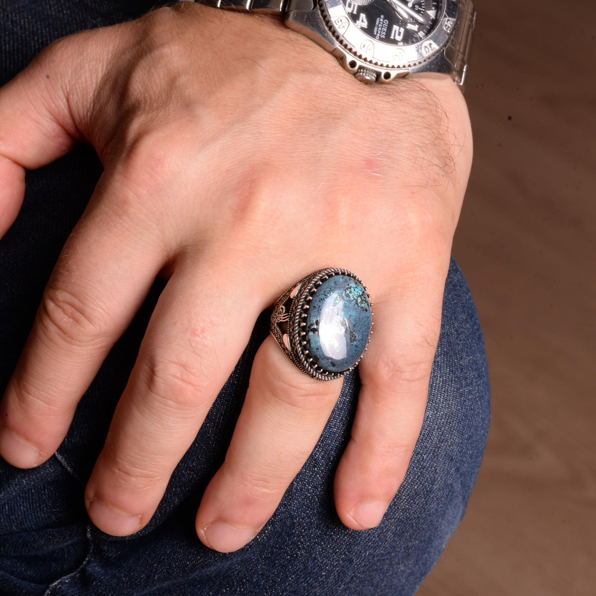 Natural Stone Ottoman Monogram Ring - 925 Sterling Silver — 4