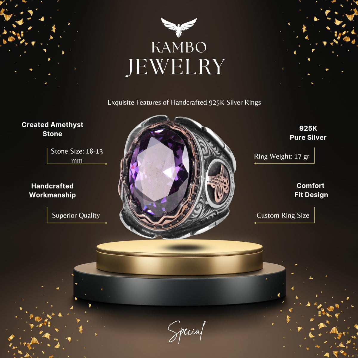 Synthetic Amethyst Stone Ring, 925 Sterling Silver Ring, Ottoman Tugra Silver Ring — 2