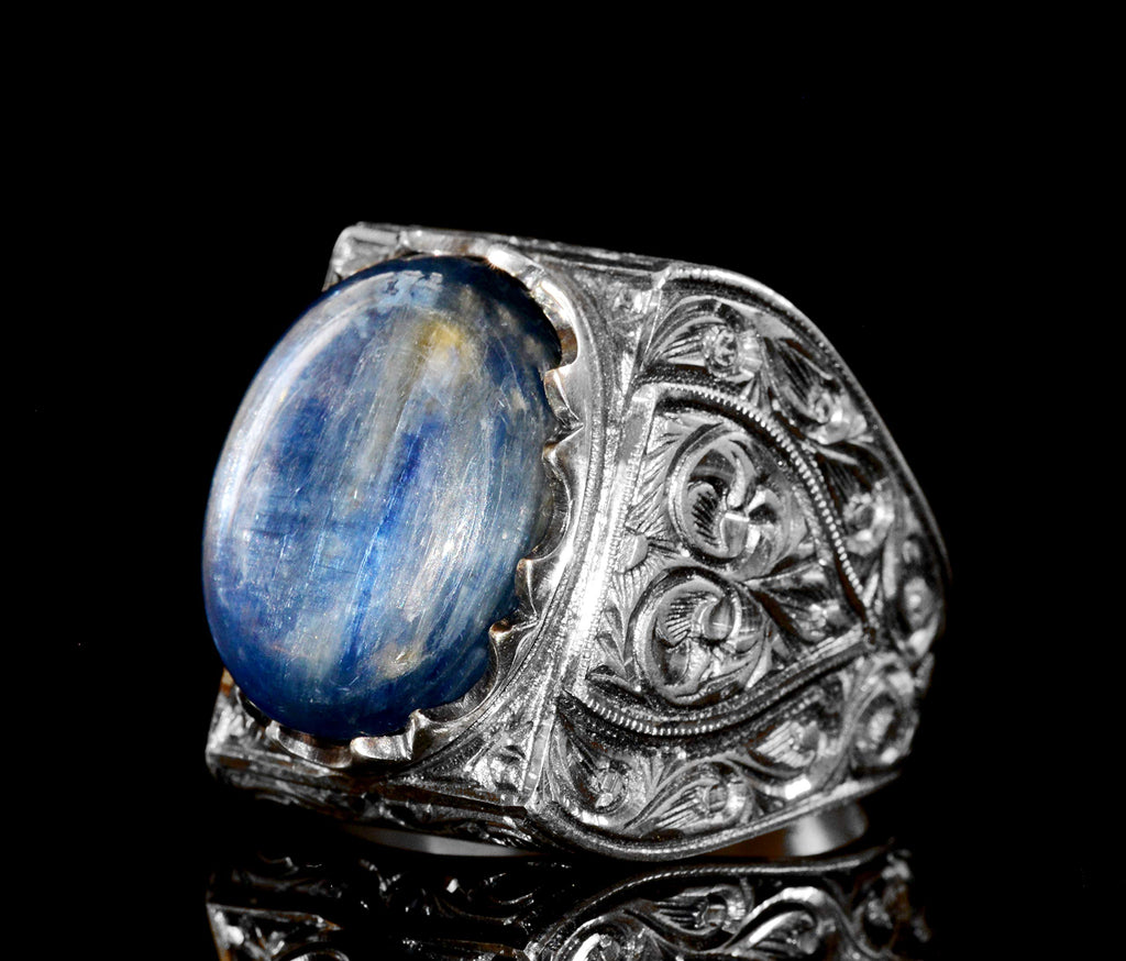 KAMBO 925 Sterling Silver Men's Ring Handmade with Genuine Natural Pearl Stone Byzantine Style Vintage Statement Jewelry