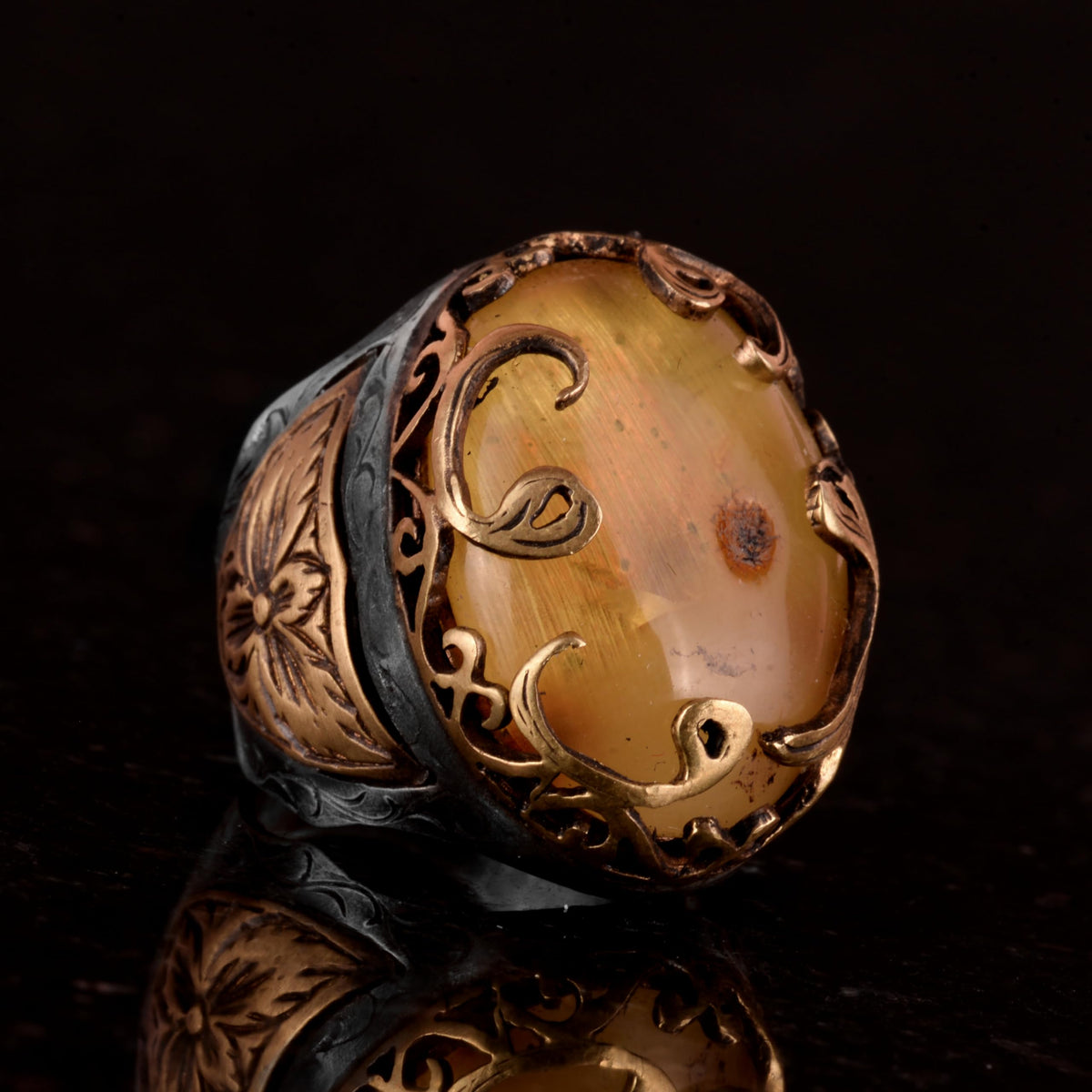 Natural Amber Stone Silver Ring — 4
