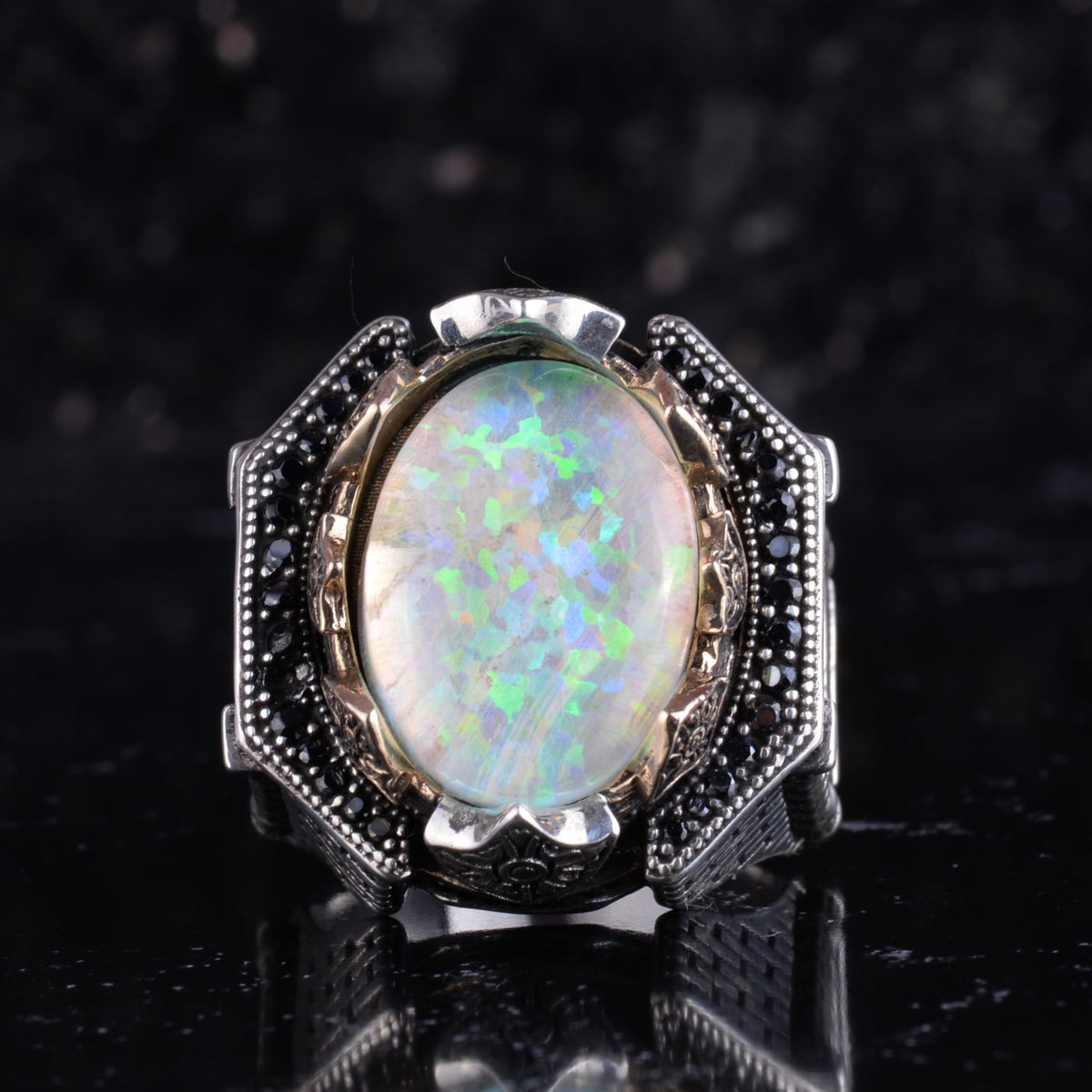 Certified Natural Opal Stone Large Men's Ring 925 Sterling Silver – Black Detail and Bronze Accent Handmade Statement Ring — 2