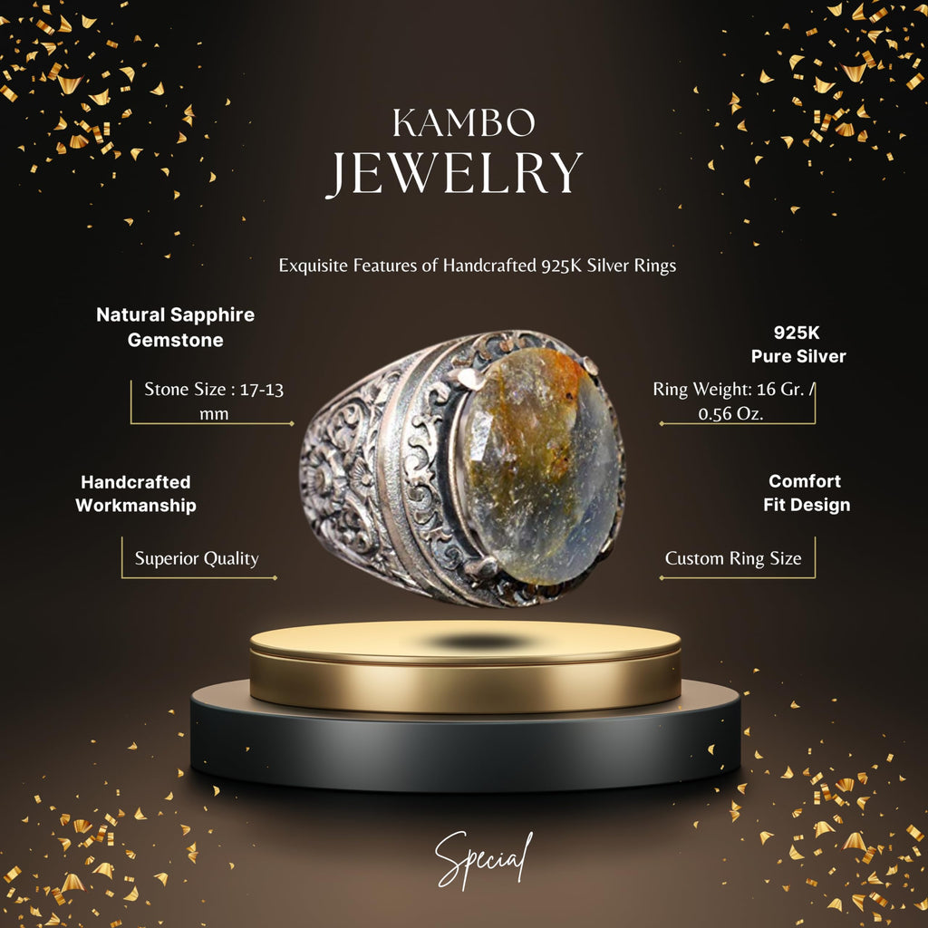 KAMBO Natural Sapphire Men's Sterling Silver Ring Handmade Vintage Christmas Statement Jewelry 925 Sterling Silver Gift 