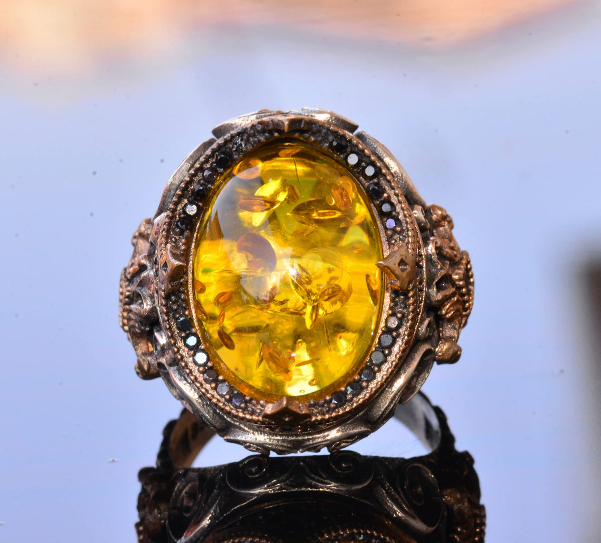Handmade Non-Natural Stone Ring - 925 Sterling Silver Men's Jewelry (Honey Amber) — 5