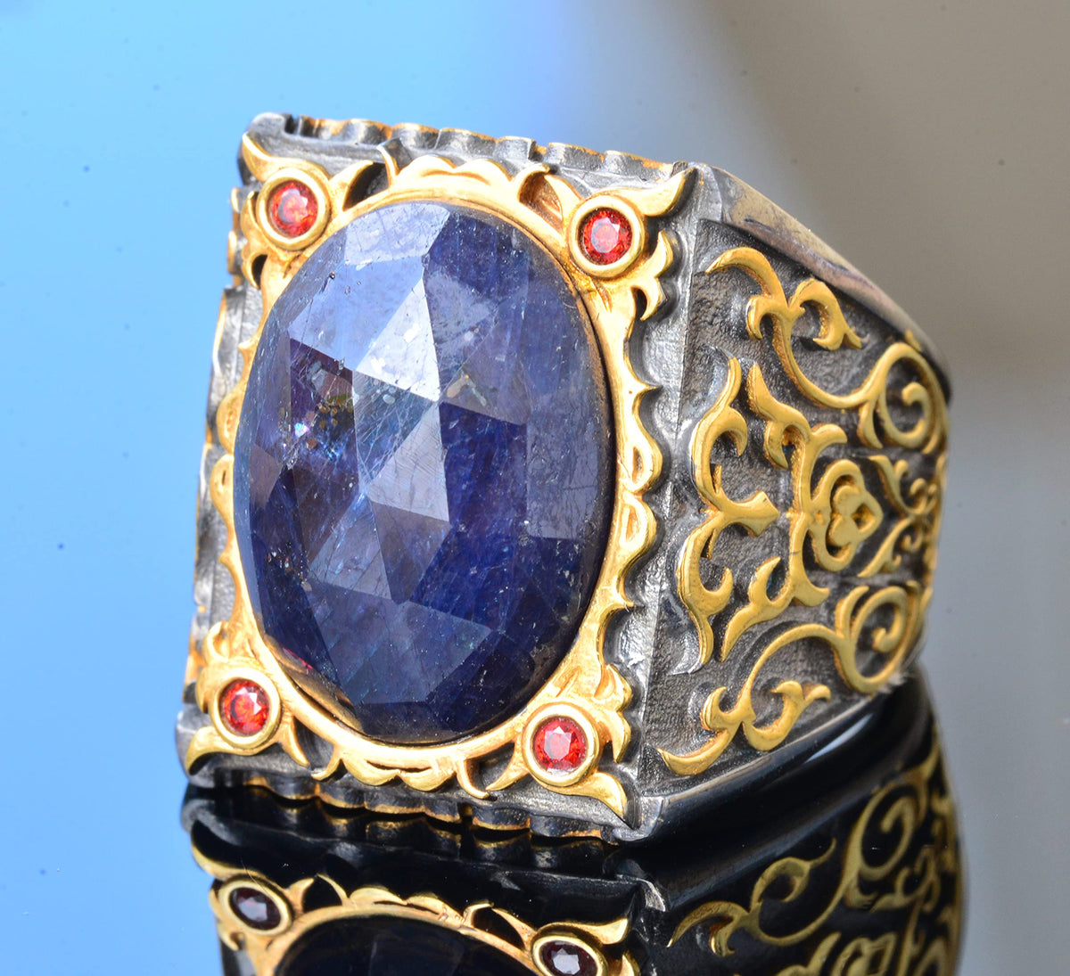 Men's Silver Sultan Ring - Natural Sapphire Stone — 3