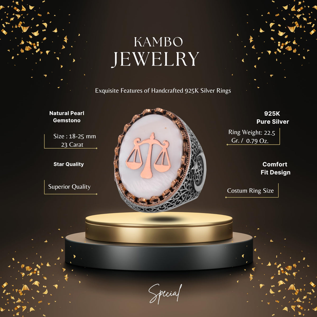 KAMBO Pearl Stone Men's Large Ring – 925 Sterling Silver Star and Moon Side Design (Lawyer Judge Balance) — 2