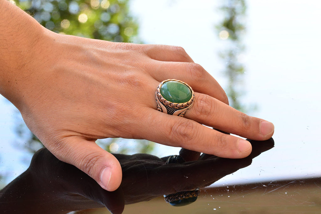 Natural Green Aventurine Oval Ring - 925 Sterling Silver — 6