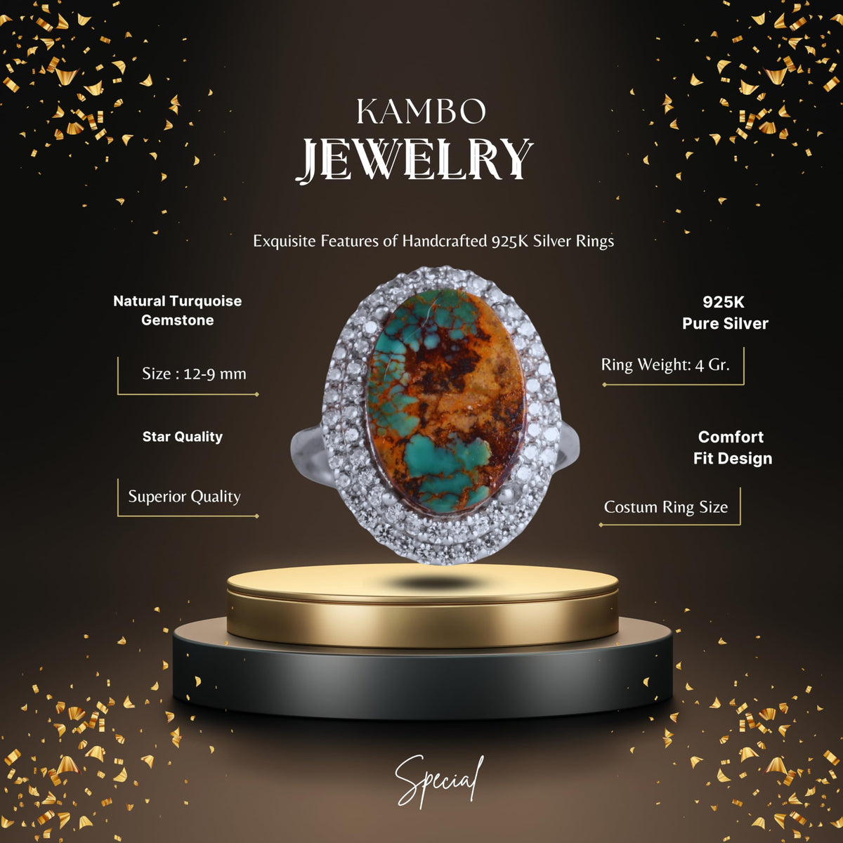 KAMBO Natural Turquoise Stone Elegant Women's Ring – 925 Sterling Silver Handmade Jewelry (Style-13) — 2