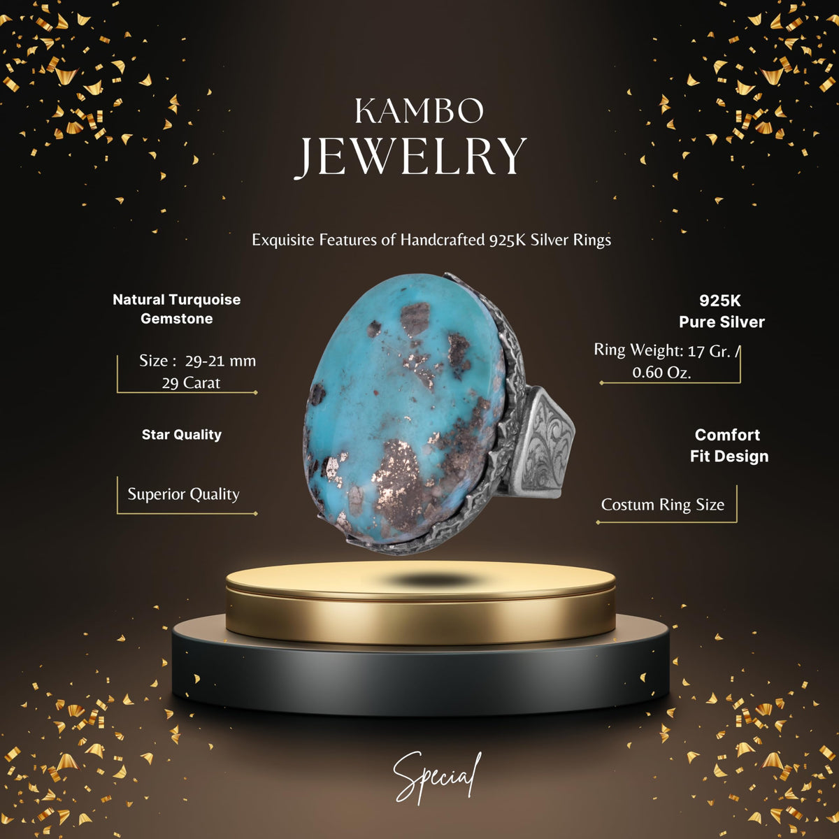 KAMBO 925 Sterling Silver Natural Turquoise Stone Large Men's Ring – Handmade Spiritual Healing Jewelry (Style-6) — 2