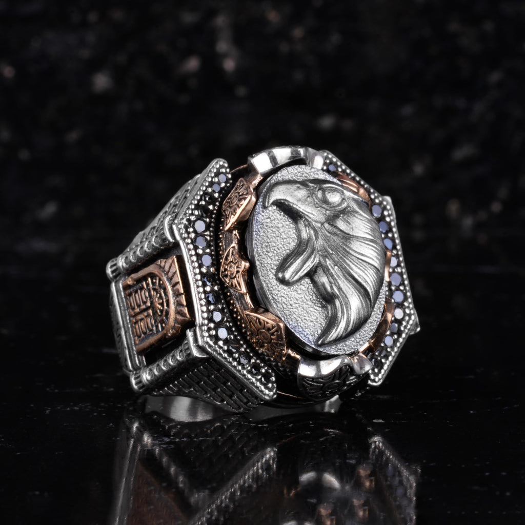 KAMBO Large Men's 925 Sterling Silver Ring Figure – Bronze Detail – Carved Statement Ring (Eagle Head) — 6