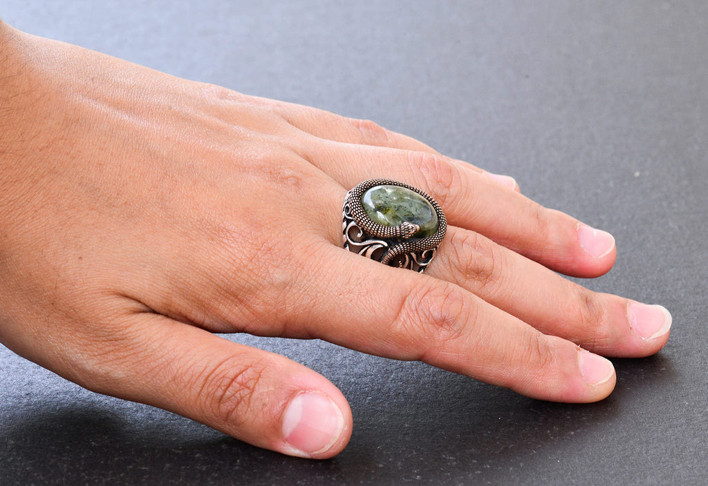 925 Sterling Silver Men's Ring - Natural Prehnite Stone — 6
