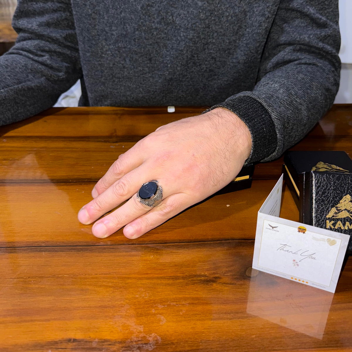 Men's Natural Black Onyx Ring – 925 Sterling Silver Islamic Mosque Design Ring – Handmade Men's Statement Ring — 3