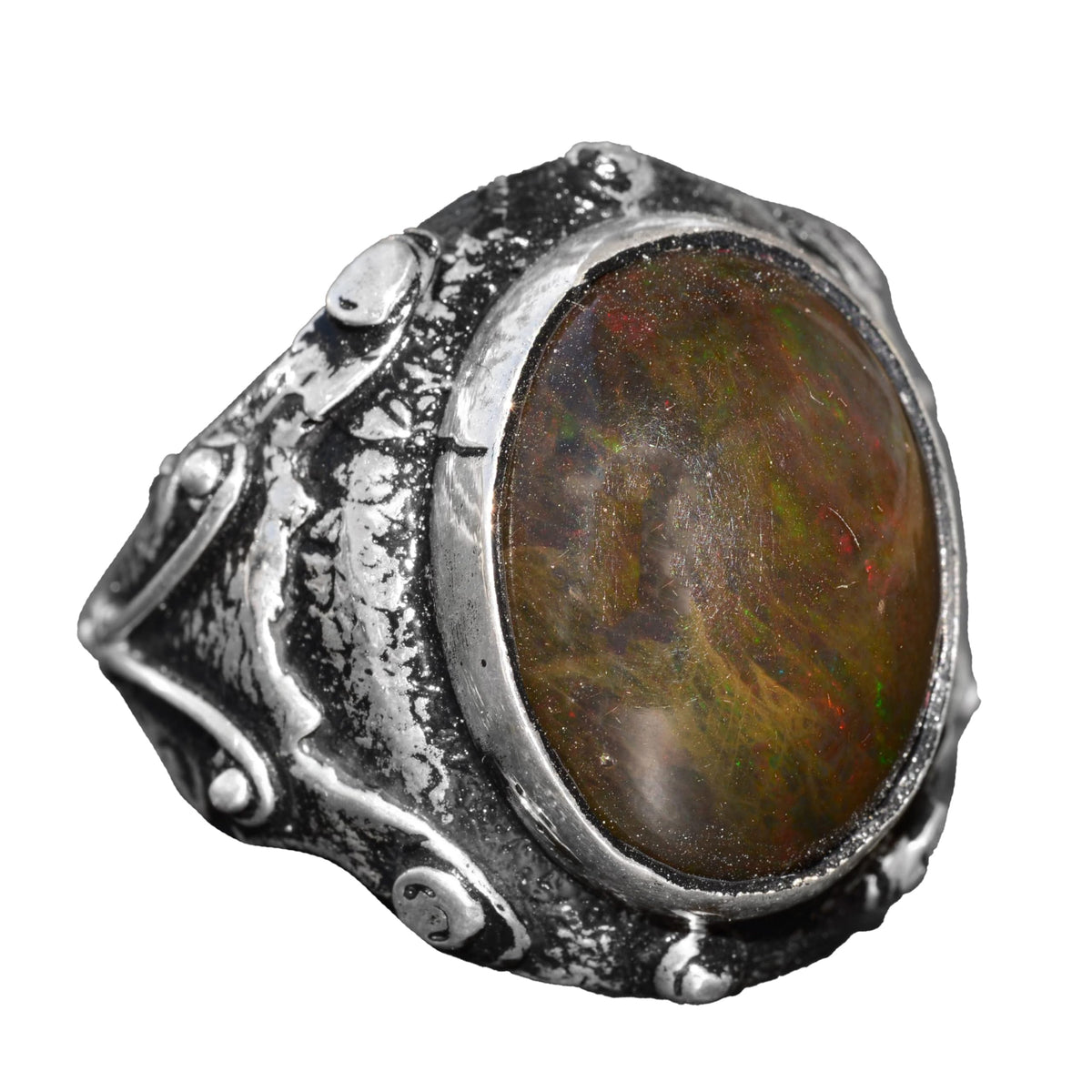 KAMBO Handmade 925 Sterling Silver Men's Ring with Natural Ethiopian Opal Gemstone, Vintage Statement Jewelry, Unique St