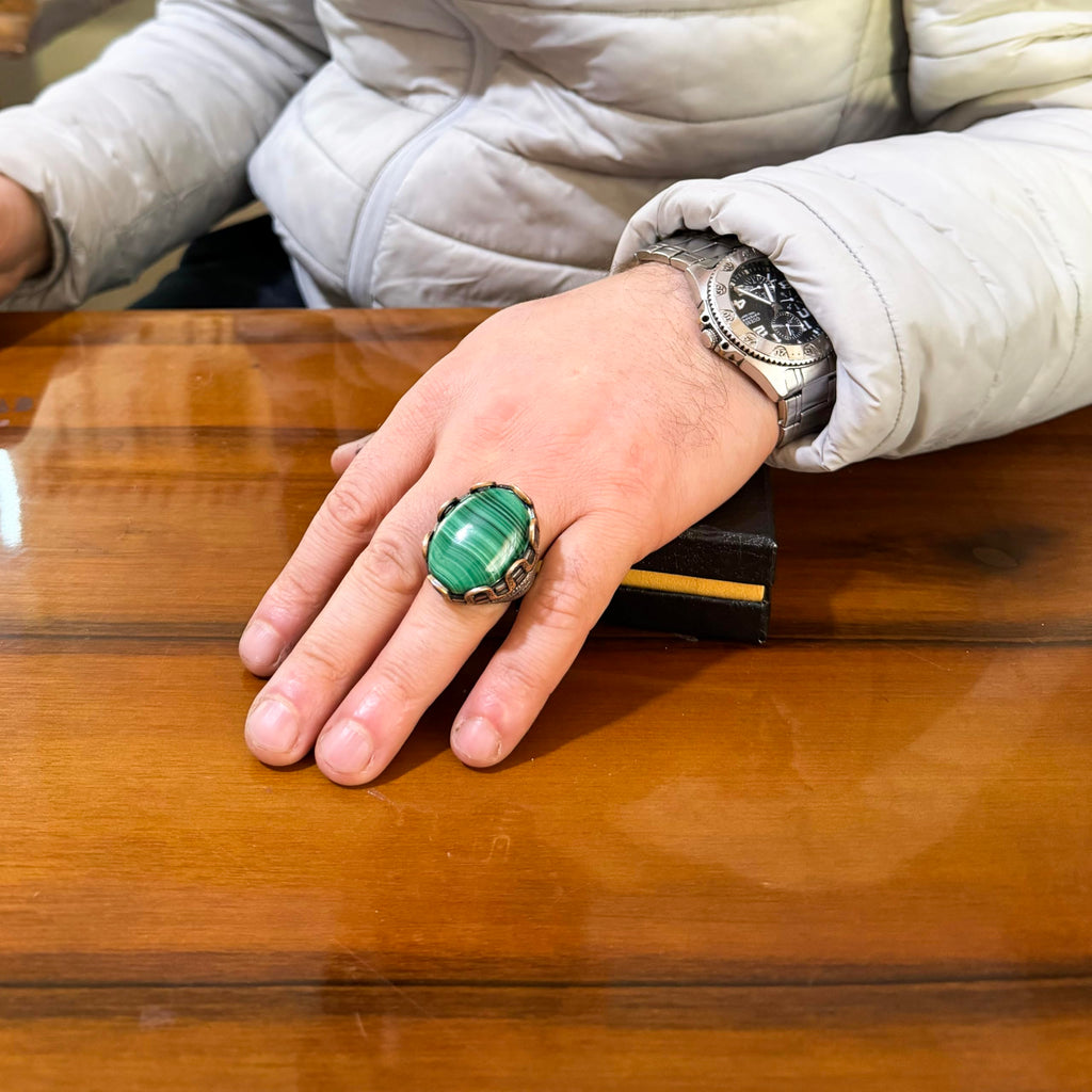 KAMBO Natural Malachite Stone Large Men's Ring – Green Band Malachite Oval Stone – 925 Sterling Silver Handmade Statement Ring – Vintage Ottoman Style Men's Jewelry — 2