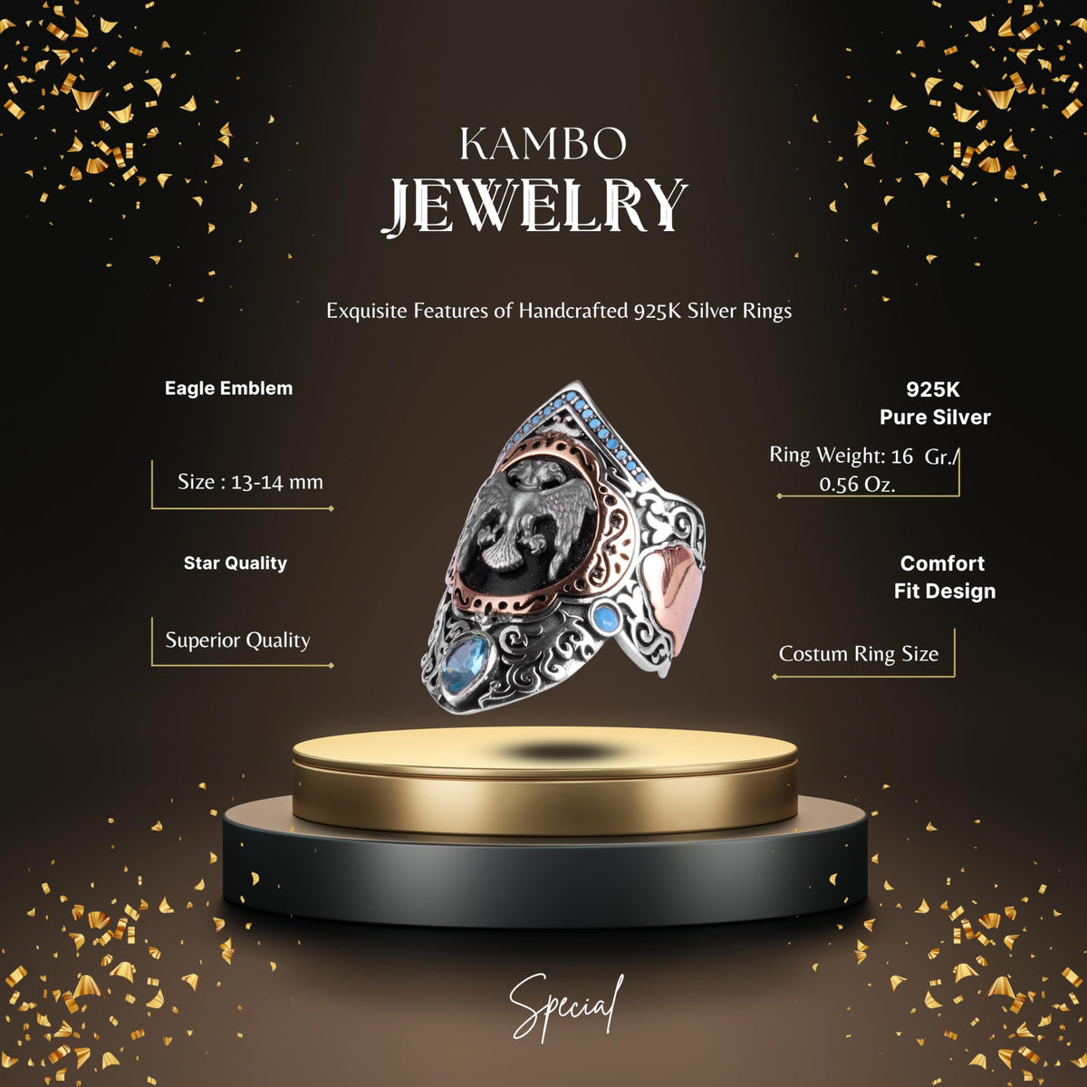 KAMBO Seljuk Double-Headed Eagle Archer Ring – Men's Design Topaz Large Ring – 925 Sterling Silver Handmade Sejuk Symbol (Blue Topaz) — 2