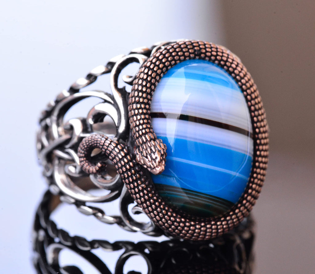 925 Sterling Silver Men's Ring - Blue Agate Stone — 3