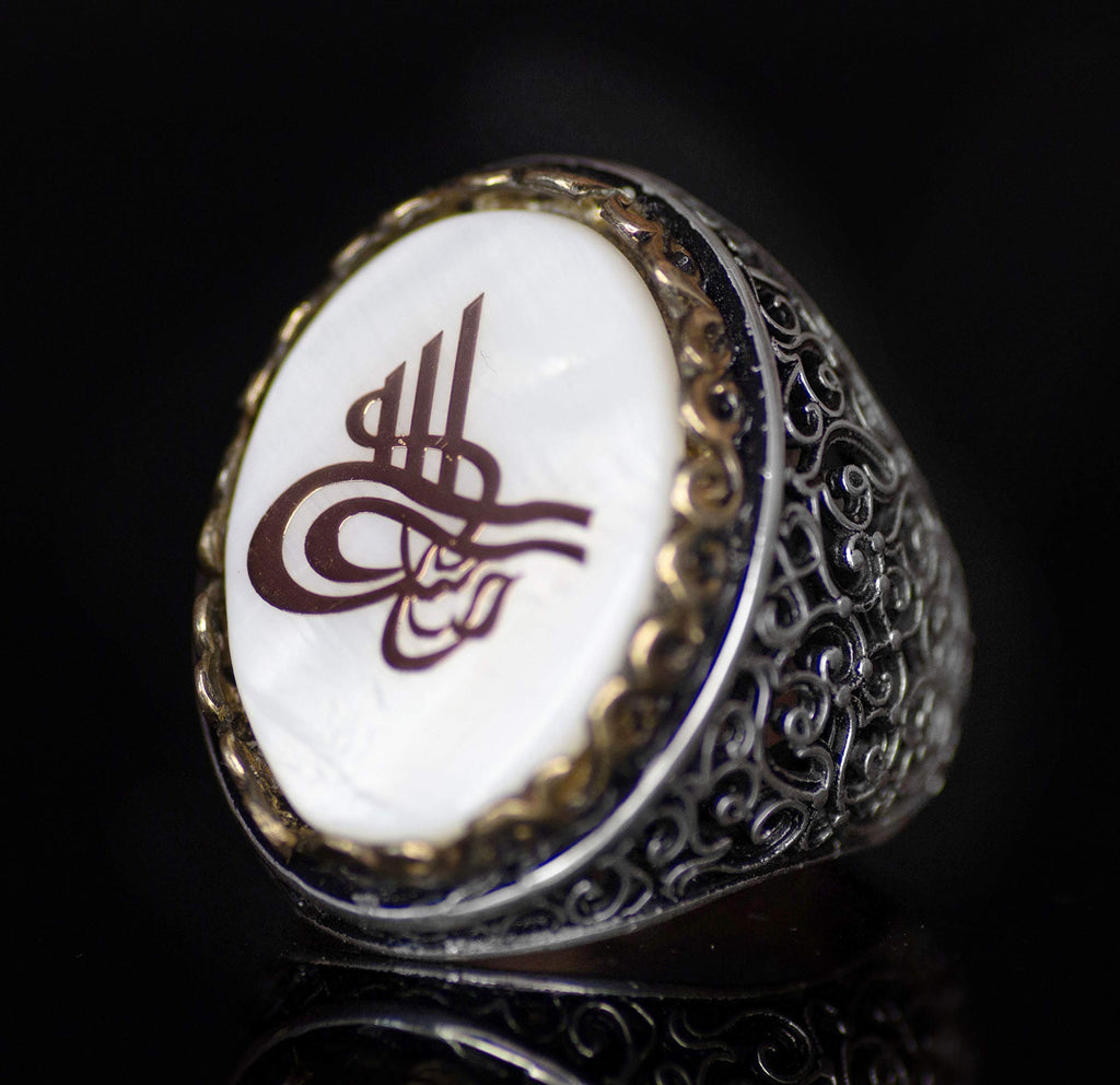 Noble and Symbolic Men's 925 Sterling Silver Ring - Ottoman Seal Symbol, Adorned with Natural Stones — 3