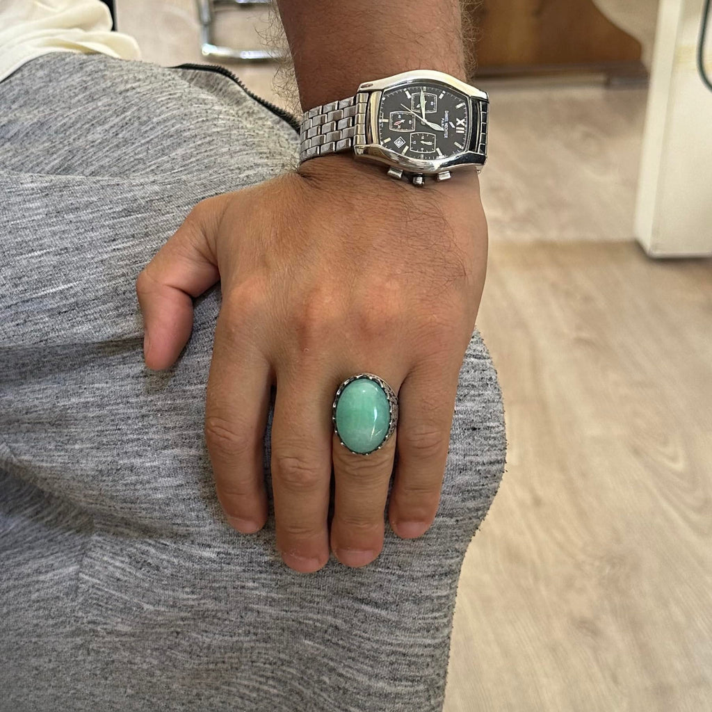 Natural Stone Ring - Rose Pattern Ring - 925 Sterling Silver - Handmade Large Ring — 3