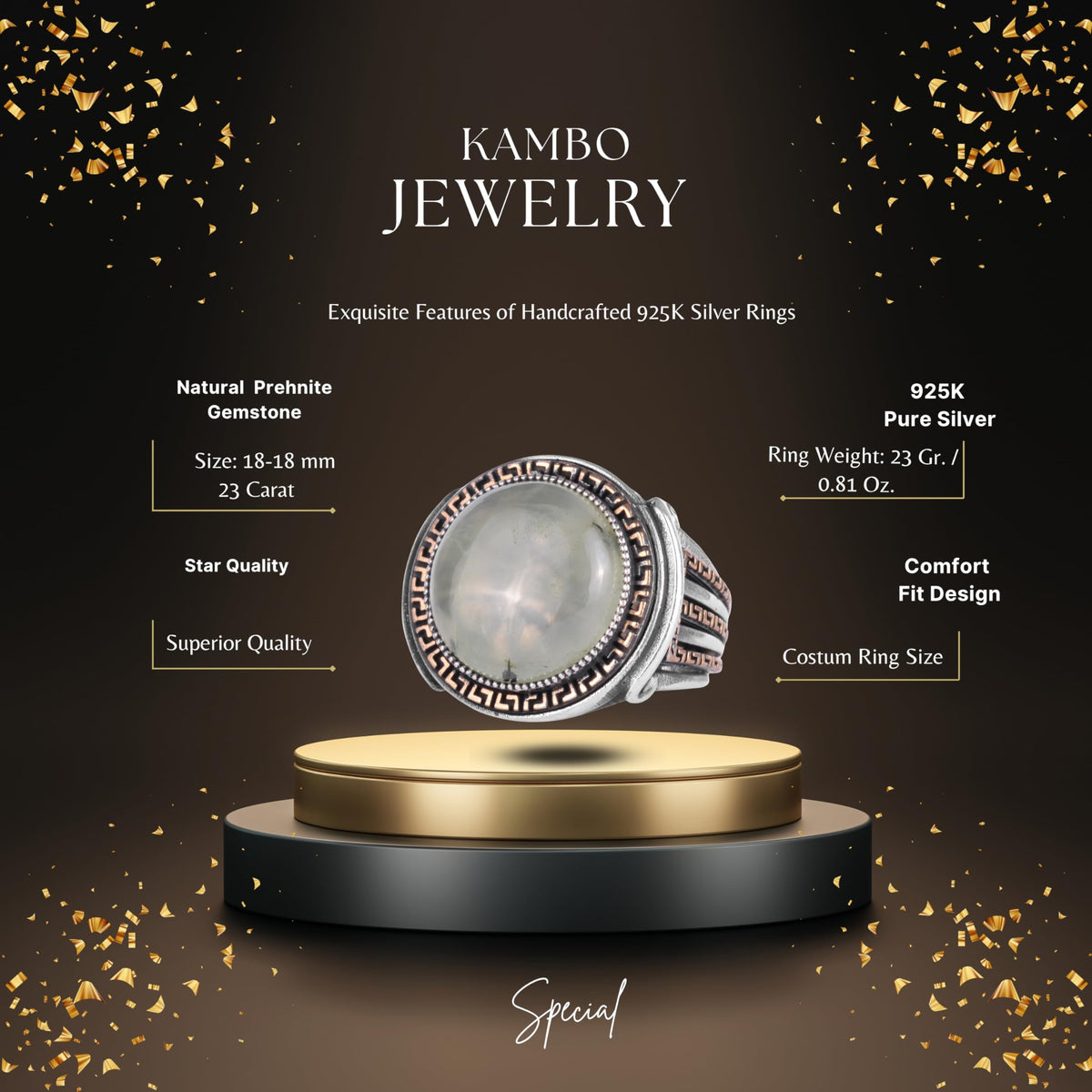 KAMBO Stone Round Men's Ring 925 Sterling Silver – Cabochon Handmade Vintage Greek Pattern Statement Ring (Prehnite) — 2