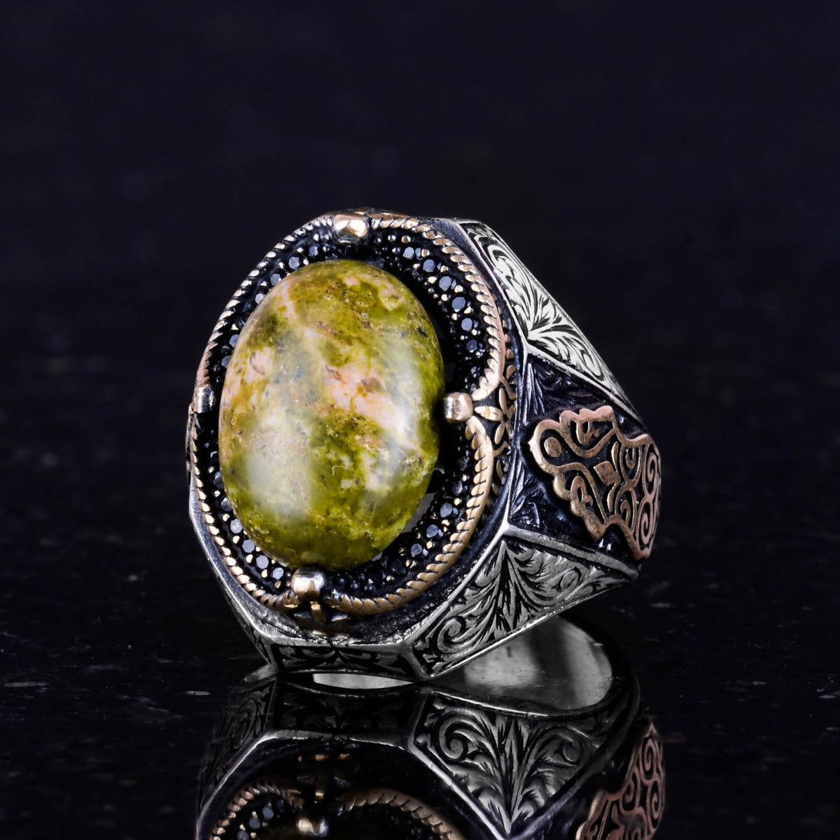 925 Sterling Silver Men's Ring - Handmade Unakite Stone Ring — 5