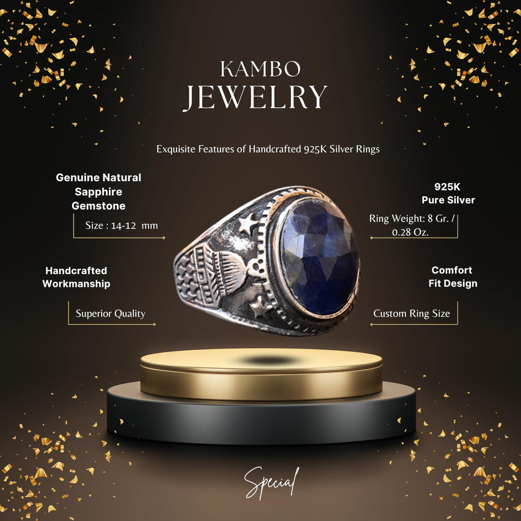 KAMBO Handmade 925 Sterling Silver Men's Ring with Genuine Natural Sapphire Gemstone, Minimalist Islamic Mosque Design, 