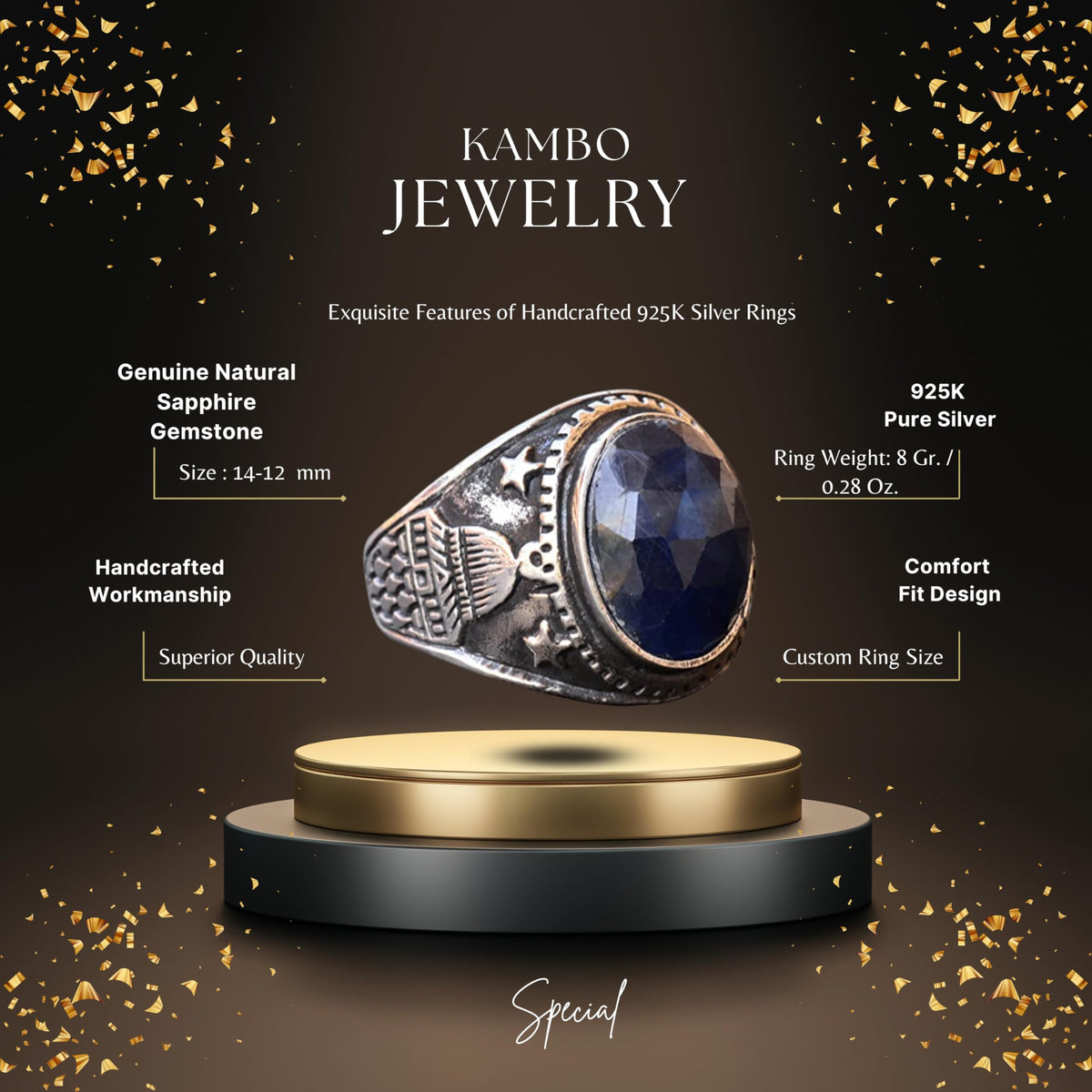 KAMBO Handmade 925 Sterling Silver Men's Ring with Genuine Natural Sapphire Gemstone, Minimalist Islamic Mosque Design, 