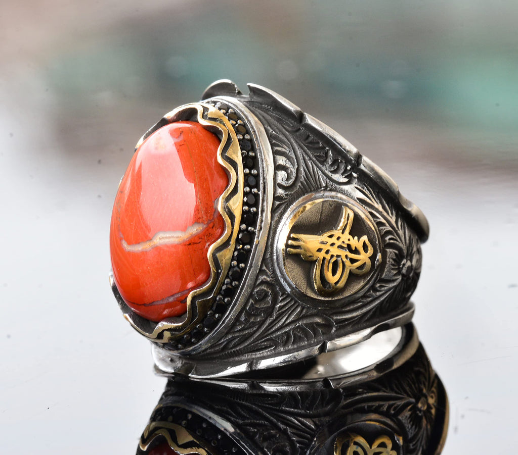 KAMBO Handmade Genuine Natural Bloodstone Ring 11.15 Carat, 925 Sterling Silver Ottoman Signet Ring, Middle Eastern Ethn