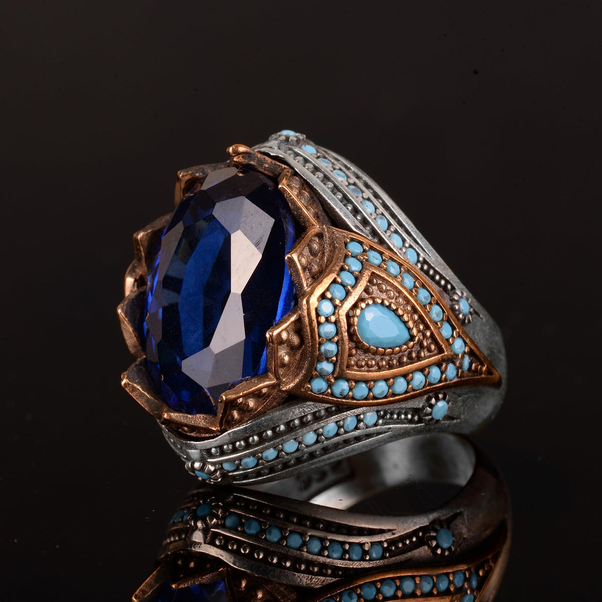 925 Sterling Silver Men's Ring, Artificial Blue Sapphire, Stylish Turkish Design — 5