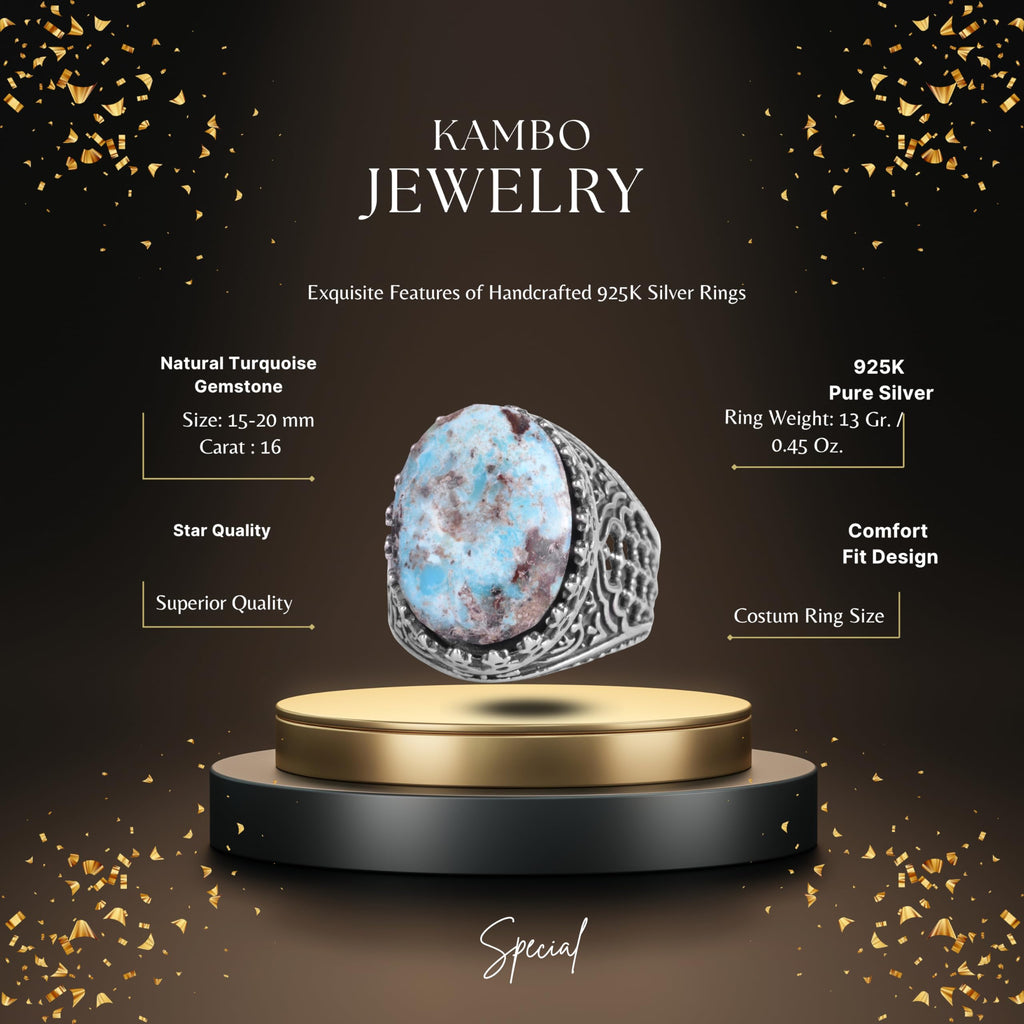 KAMBO Natural Turquoise Stone Men's Ring 925 Sterling Silver Spider Web Pattern Oval Cabochon Vintage Handmade Statement Ring (Turquoise-2) — 2