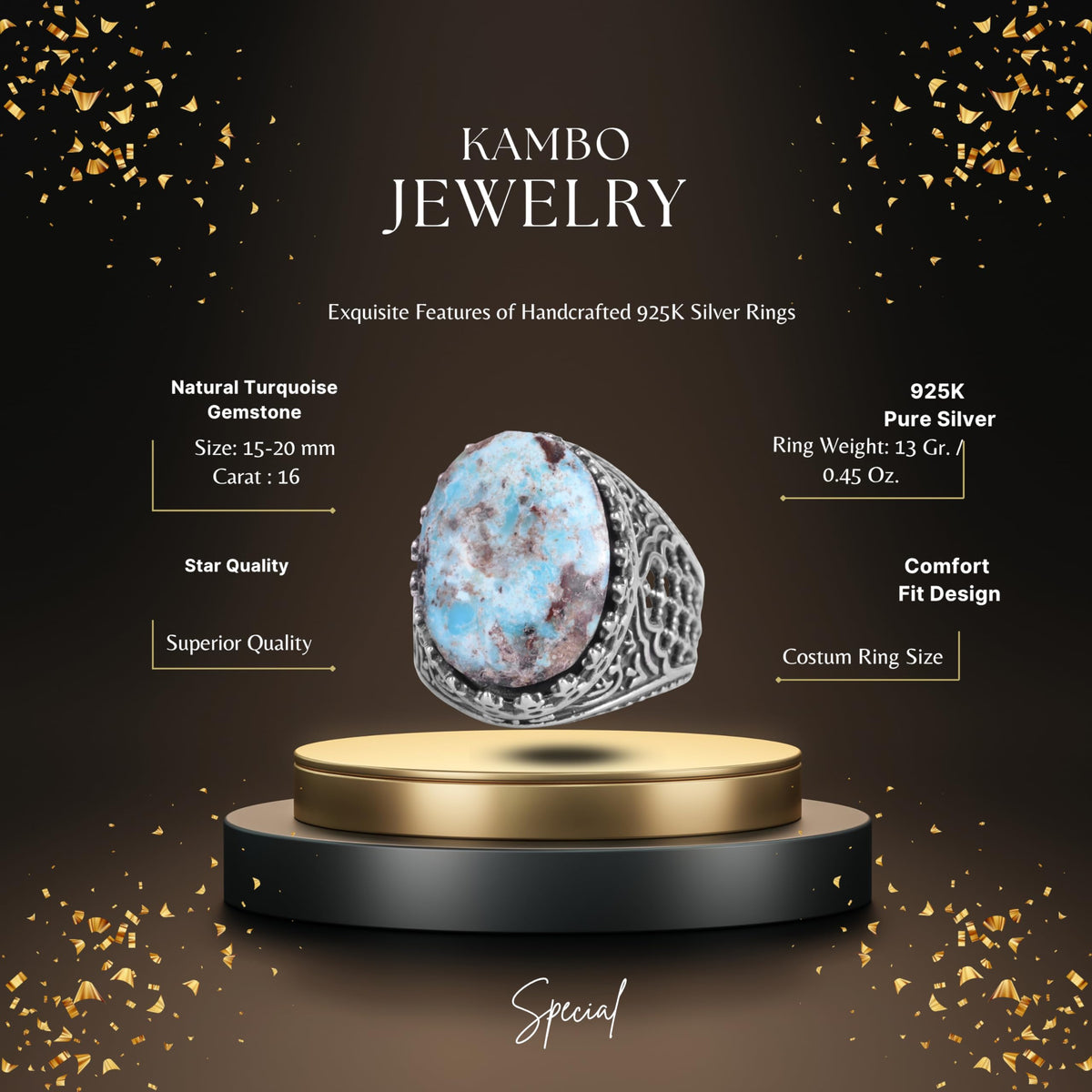 KAMBO Natural Turquoise Stone Men's Ring 925 Sterling Silver Spider Web Pattern Oval Cabochon Vintage Handmade Statement Ring (Turquoise-2) — 2