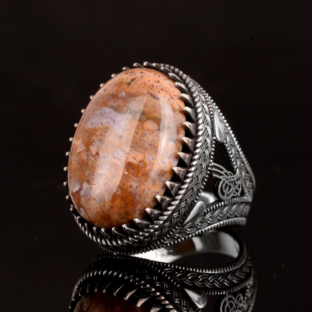 Large Ring, Natural Fire Agate Stone Ring, 925 Sterling Silver — 5