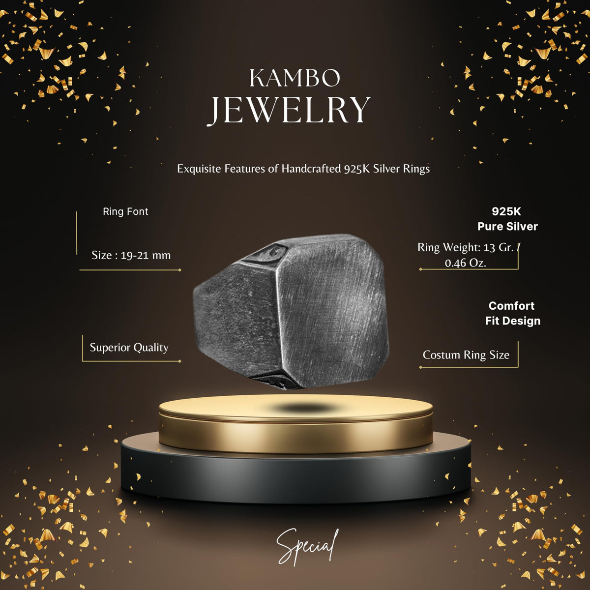 KAMBO Handmade Men's Vintage 925 Sterling Silver Statement Ring - Classic Adjustable Band, Timeless Design, No Gemstone,