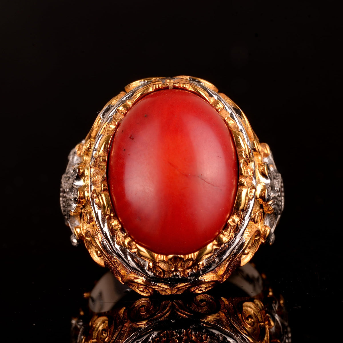 Natural Coral Stone Ring, 925 Sterling Silver — 6