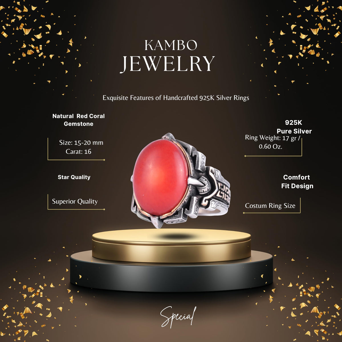 KAMBO Natural Stone Ring 925 Sterling Silver – Handmade Men's Statement Ring Healing Jewelry (Red Coral) — 2