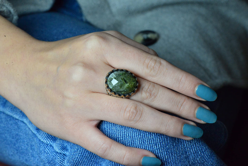 Natural Prehnite Stone Ring, 925 Sterling Silver Men's Ring, Handmade Design — 7