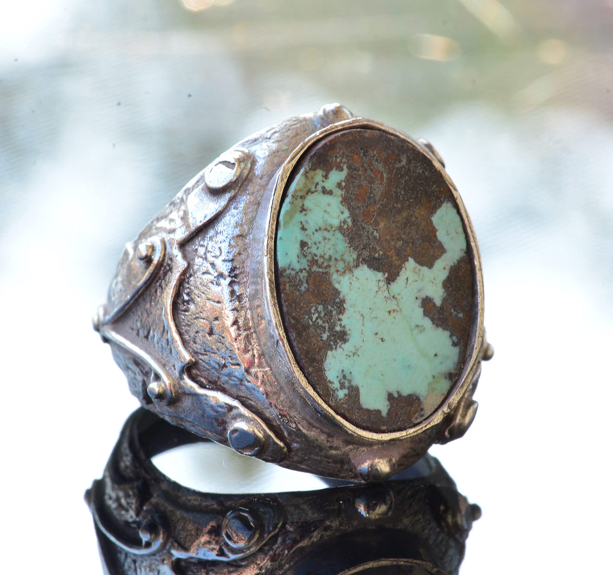 KAMBO Natural Arizona Turquoise Stone Ring, Byzantine Ring, Silver Men's Ring — 3