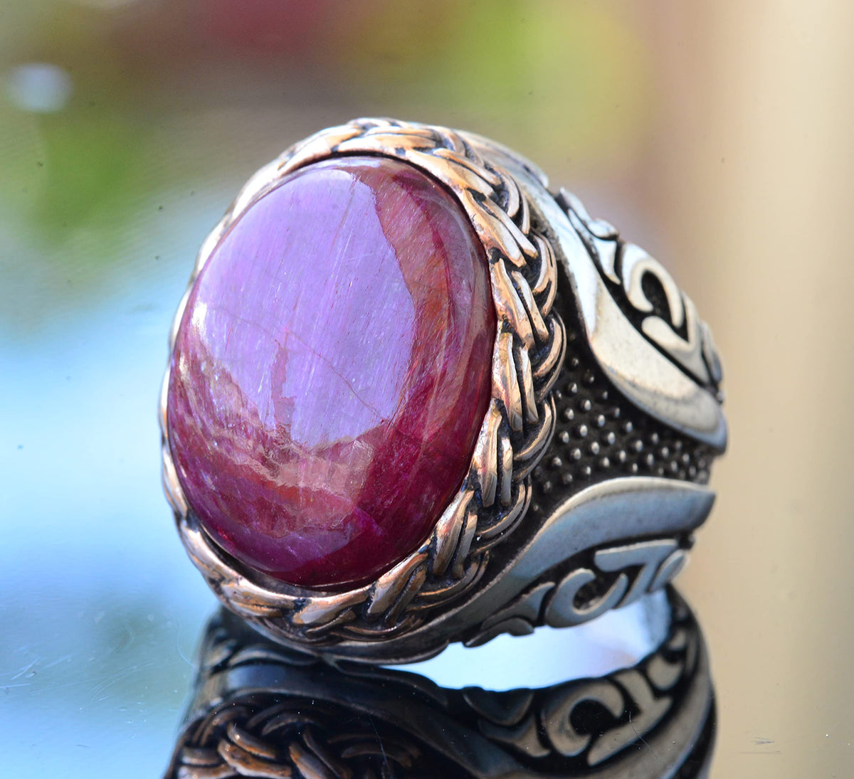 Natural Cabochon Ruby Stone Silver Men's Ring — 3