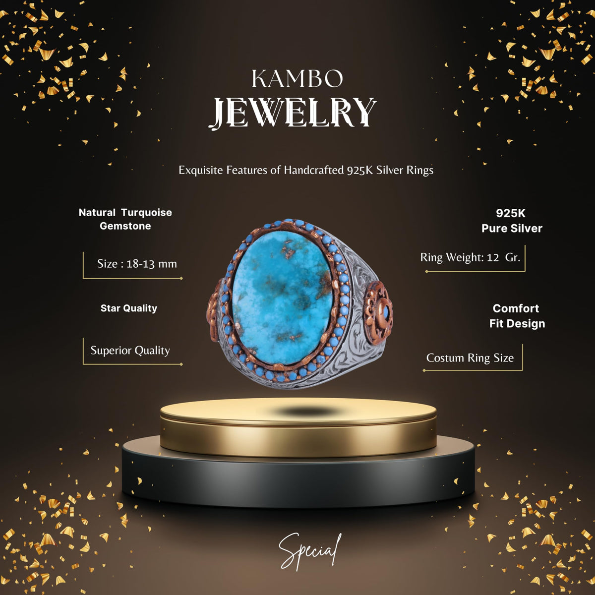 KAMBO Authentic Arizona Turquoise Stone Men's Ring - Natural Stone Handmade 925 Sterling Silver (Model-3) — 2