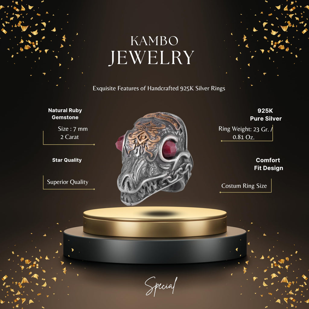 KAMBO 925 Sterling Silver Gold Plated Natural Stone Men's Dragon Ring – Large Statement Ring (Ruby) — 2