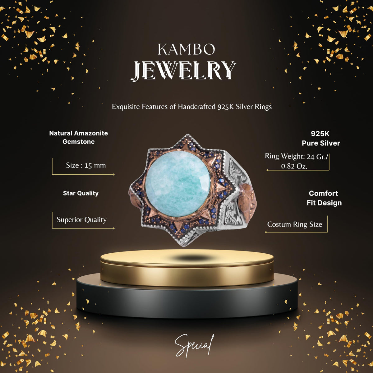 KAMBO 925 Sterling Silver Men's Natural Stone Ring – Warrior Helmet Motif Handmade Star Frame – Protective Spiritual Jewelry (Amazonite) — 2