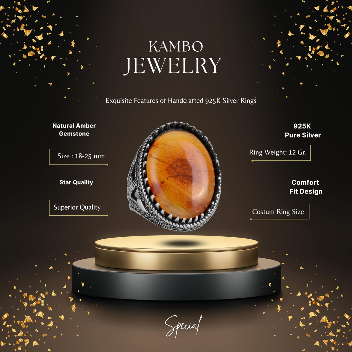 KAMBO Ottoman Tugra Design Natural Amber Stone Ring - 925 Sterling Silver Handmade (Model-2) — 2